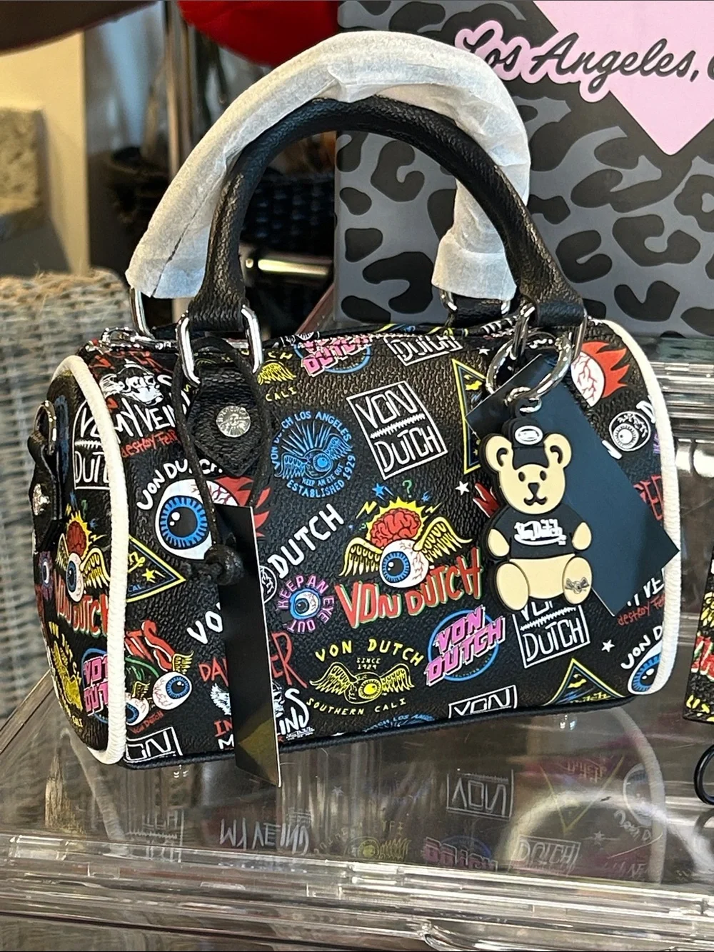 Von Dutch- NIB! Black Multi-Color Logo Print Handbag & Card Holder Bundle